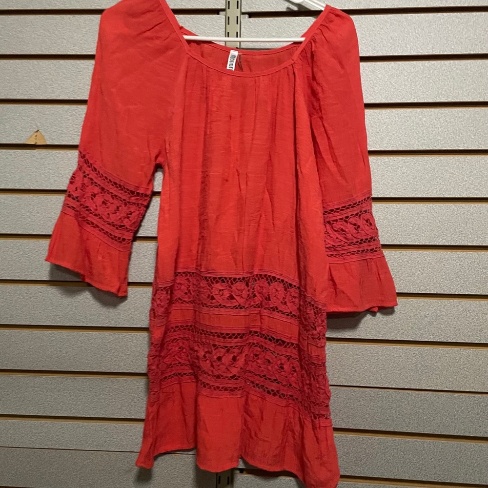 Mollotreno Red Lace Trim Bell Sleeve Bohemian Mini‎ Dress Size Small